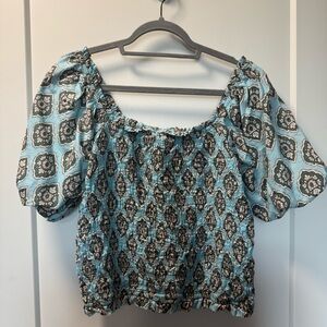 Maurices Ruched Puff Sleeve Stretch Cropped Blouse Top Blue Geometric‎ Boho XL